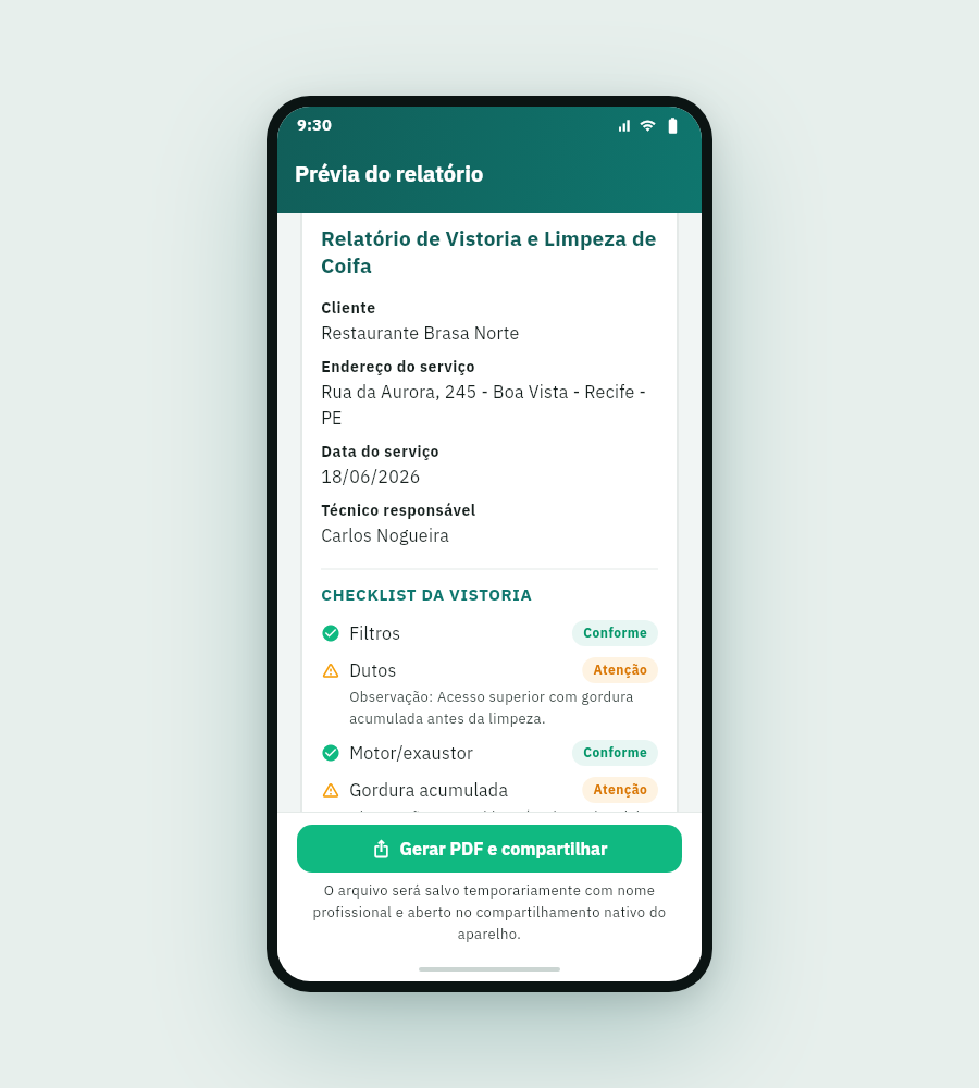Prévia do aplicativo RelatórioFácil com relatório de limpeza de coifa.
