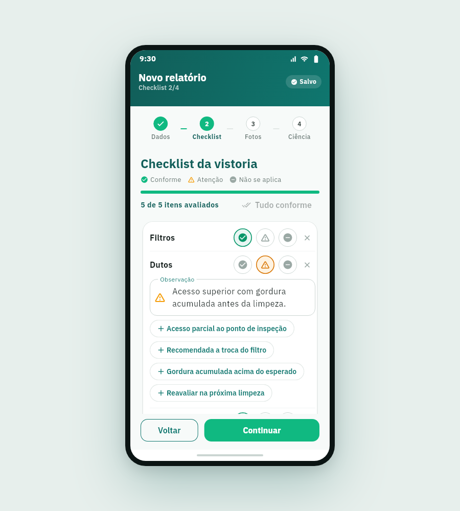 Tela de checklist da vistoria no RelatórioFácil.