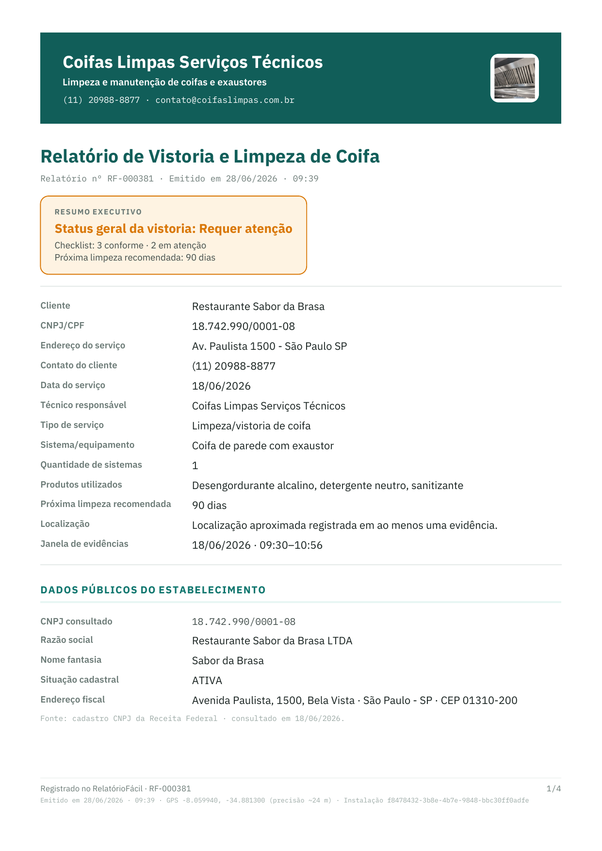 Recorte da primeira página do relatório de limpeza de coifa com dados, checklist e evidências.